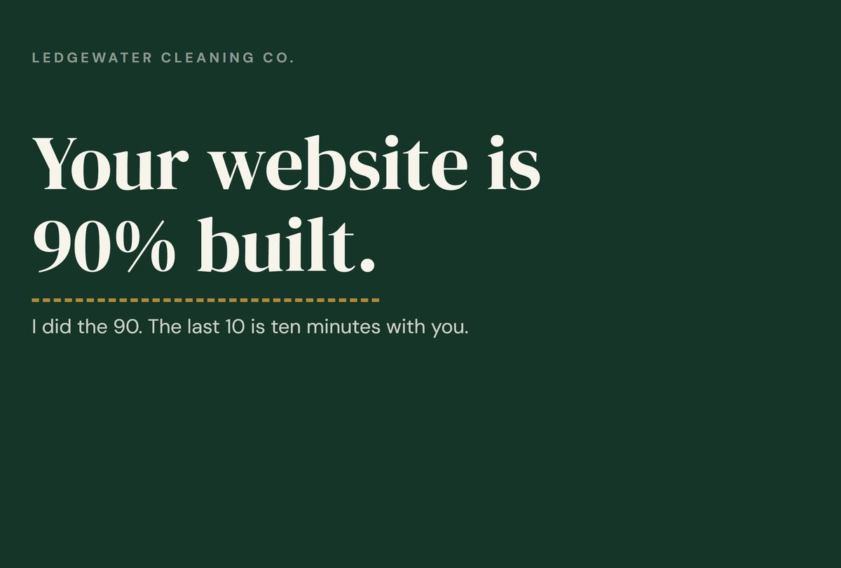 Card C front: Your website is 90% built, on dark spruce