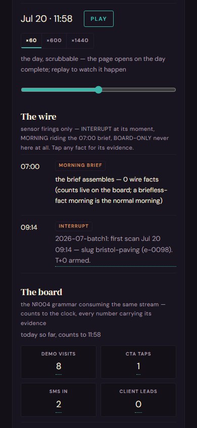 The wire room on LANDING DAY: the first-scan INTERRUPT in the feed, the board's counts assembling